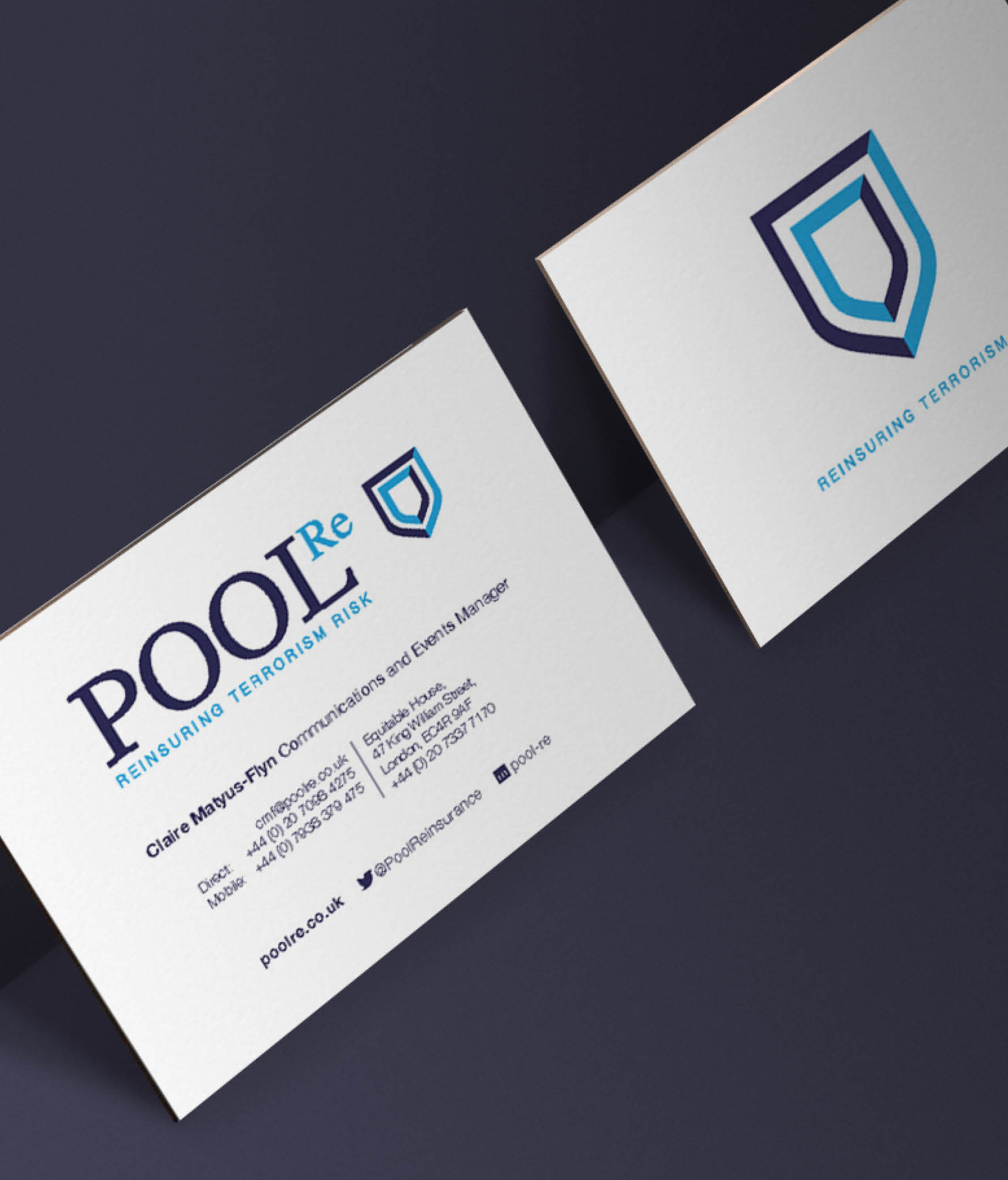 Pool Re Branding, business card, insurance branding and design